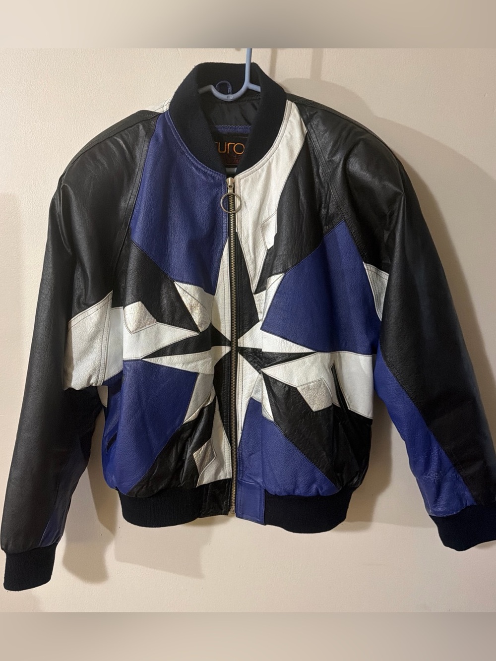 Vintage Euro Mond Leather Bomber Jacket Sun/Moon & Starburst Blue/Black Large